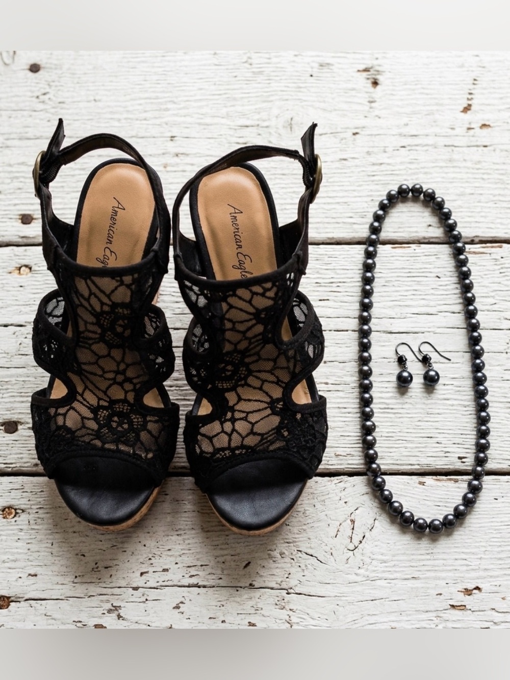 American Eagle Outfitters Black Lace Open-Toe Platform Cork Heels